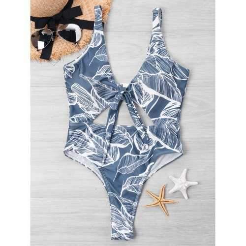 Tie Dye Leaf Print One-piece Swimwear - Blue Gray L