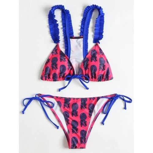 Pineapple Print Frilled Trim Bikini - Rose Red M