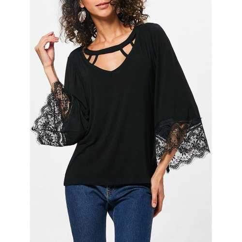 Lace Panel Three Quarter Sleeve T-shirt - Black S