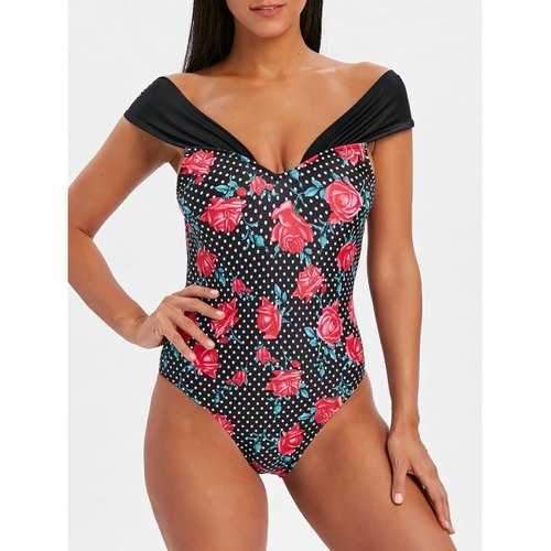 Rose Floral Backless Swimsuit - Black M