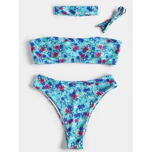 Floral High Leg Boho Bikini - Blue Zircon S