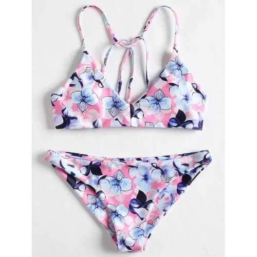 Flowers Print Low Waisted Bikini - Light Pink Xl