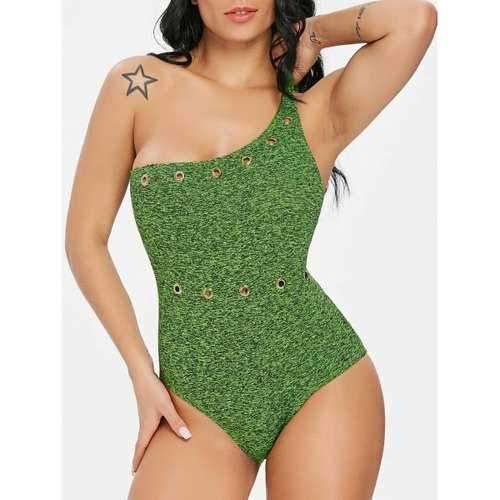 One-piece One Shoulder Swimwear with Grommet - Hazel Green S