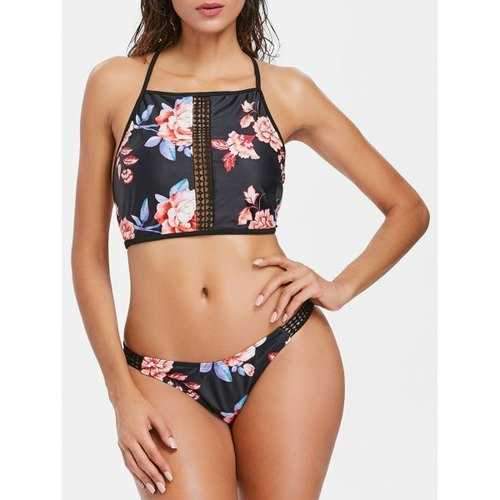 Lacing Back Flower Printed Bikini - Black L