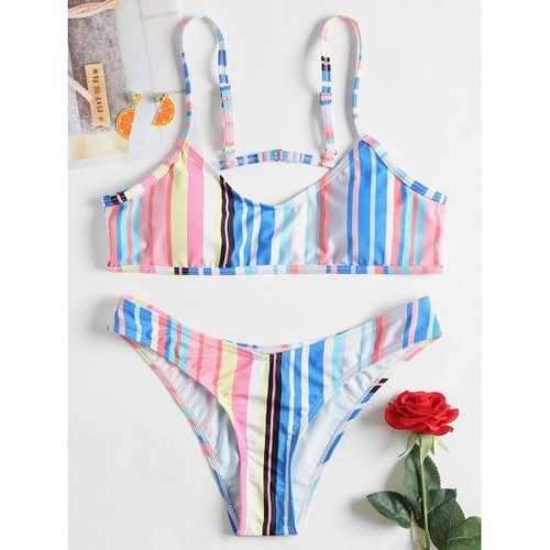 Striped Thong Bikini Set - Light Pink Xl