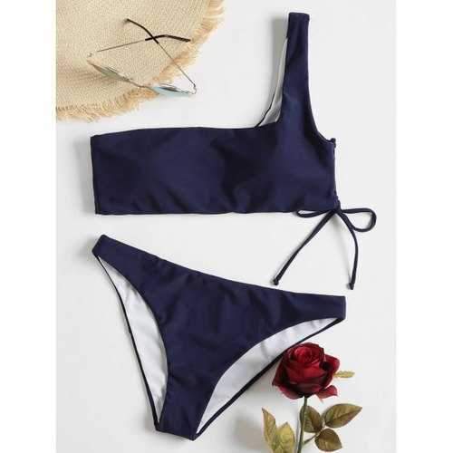 One Shoulder Lace-up Bikini - Deep Blue S