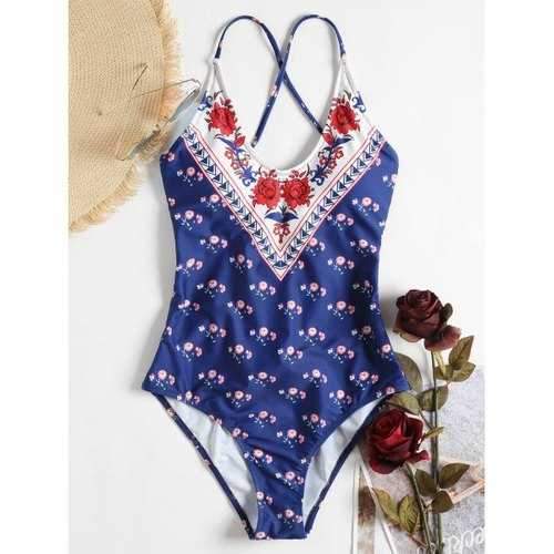 Floral One-piece Lace-up Swimsuit - Denim Dark Blue S