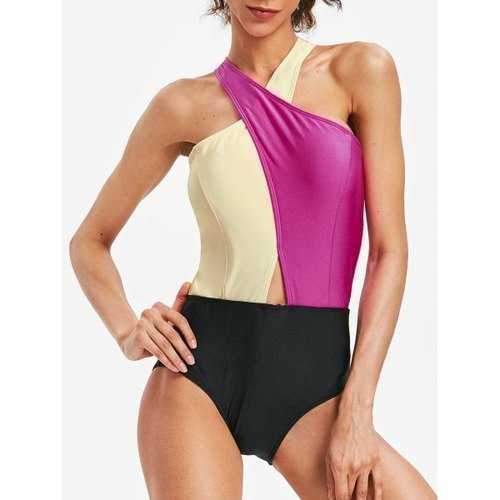 Criss Cross Color Block Swimsuit - Rose Red Xl