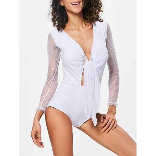 One Piece Fishnet Long Sleeve Swimsuit - White L