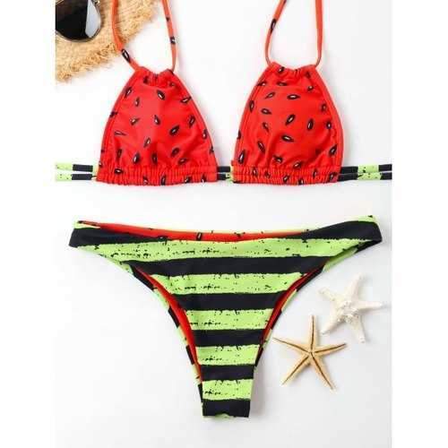 Watermelon Print Halter Bikini Set - Red 2xl