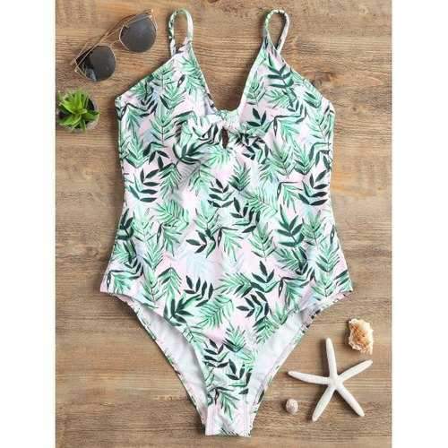 Leaves Print One-piece Cami Swimsuit - Light Pink M