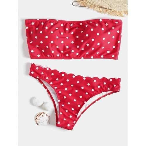 Polka Dot Bandeau Scalloped Bikini - Red S