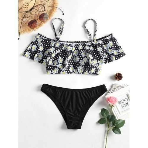 Flounce Floral Bralette Bikini - Black M