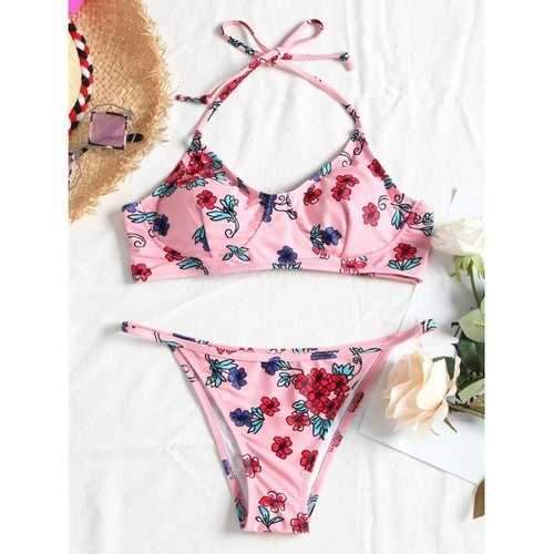 Halter Floral String Bikini - Light Pink L