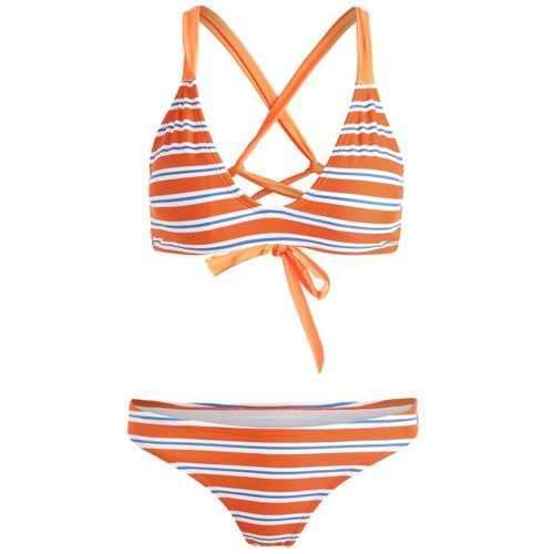 Lace Up Back Stripe Bikini - Tangerine Xl