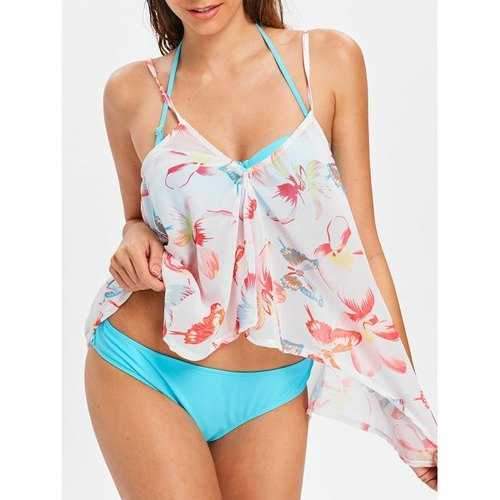 Halter Bikini with Flower Cover Up - Deep Sky Blue S