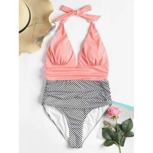 Striped Halter Low Back Swimsuit - Orange Pink S