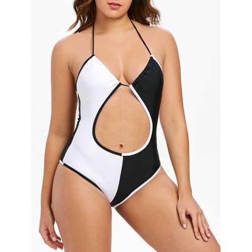 Halter Backless Two Tone Swimsuit - Black L