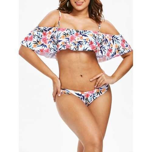 Cold Shoulder Flower Bikini Set - White M