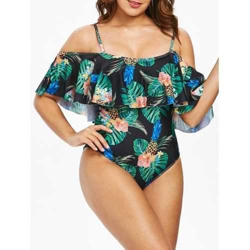 Pineapple Slip Ruffle Swimsuit - Black M