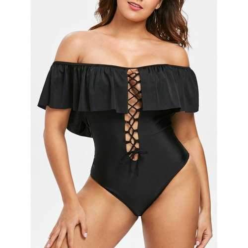 Lace Up Open Back Swimsuit - Black M