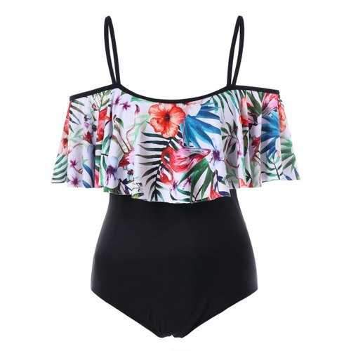 Flounce Tropical Print One Piece Swimsuit - Black M