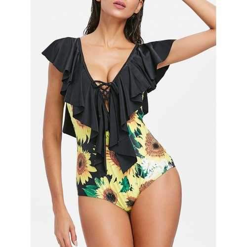 Sunflower Print Ruffle One Piece Swimsuit - Black L