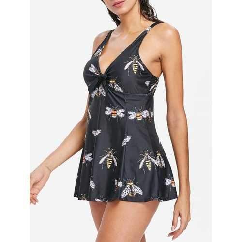 Bee Print One-piece Swimsuit - Black S