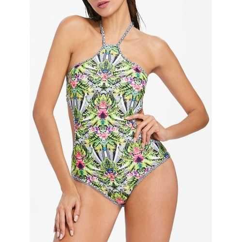 Floral Open Back Swimsuit - Avocado Green S