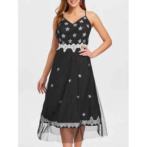 Lace Panel Flower Backless Dress - Black Xl