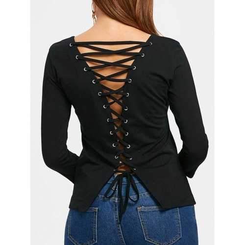 Back Lace Up Round Neck Top - Black S