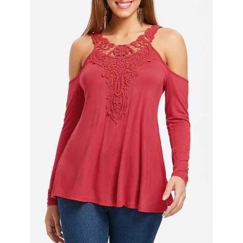 Open Shoulder Lace Applique Tee - Red M