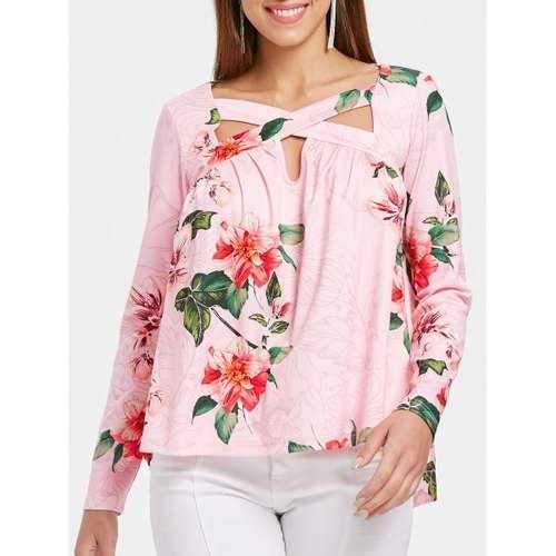 Cut Out Collar Long Sleeve Floral T-shirt - Pink M