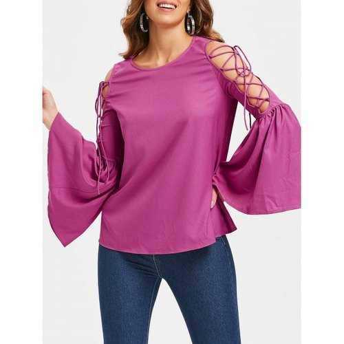 Lace Up Bell Sleeve T-shirt - Rose Red M