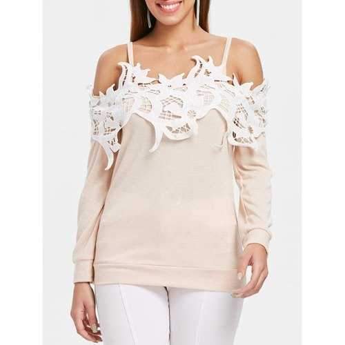 Shoulder Cut Lace Embellished Long Sleeve T-shirt - Warm White Xl