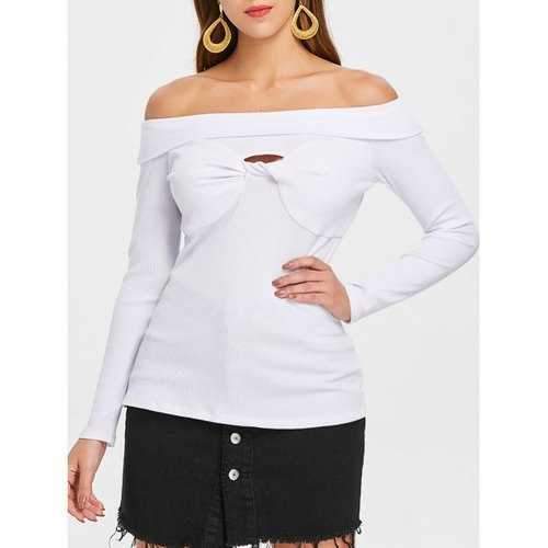 Bare Shoulder Full Sleeve Twisted T-shirt - Milk White Xl