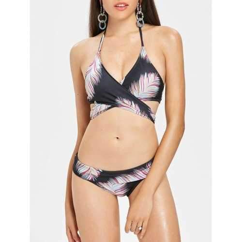 Feather Halter Wrap Bikini Set - Black Xl