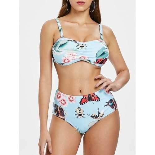 Floral Insect Print Ruched Bust Bikini - Light Cyan S