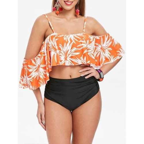 Flower Cold Shoulder Bikini Set - Tangerine M