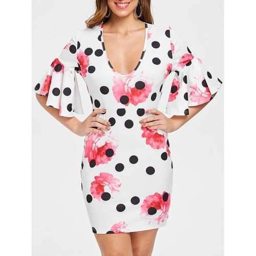 Floral Polka Dot U Neck Skinny Dress - White Xl