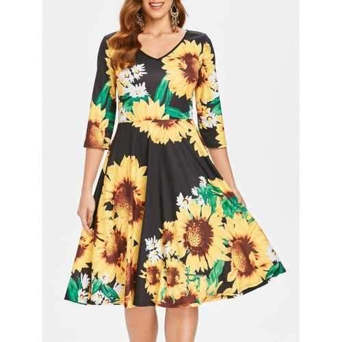 Sunflower Print Fit and Flare Dress - Black M