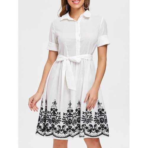 Embroidered Buttons Flare Dress - White L