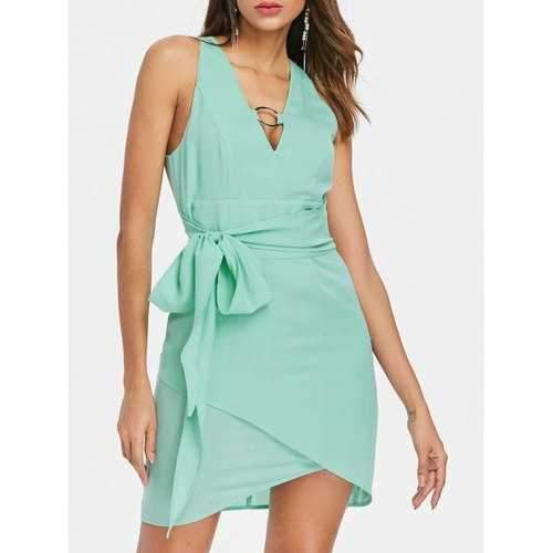 Low Cut Sleeveless Chiffon Dress - Aquamarine L