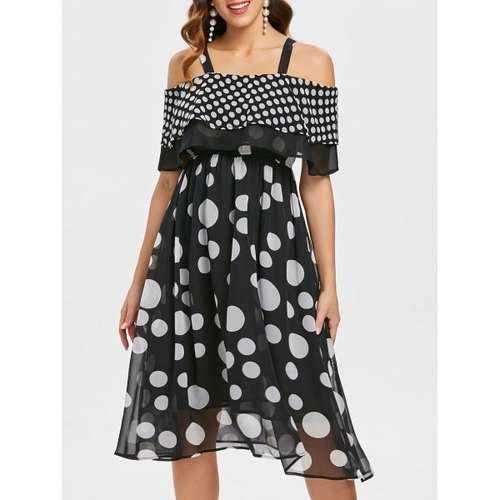 Open Shoulder Polka Dot Dress - Black L