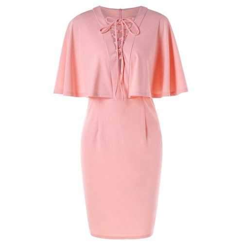 Low Cut Slim Fit Dress with Flounce - Light Pink M