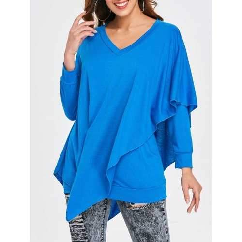 V Neck Asymmetrical T-shirt - Blue S