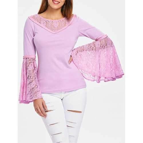 Bell Sleeve Lace Insert Lace Up T-shirt - Mauve L