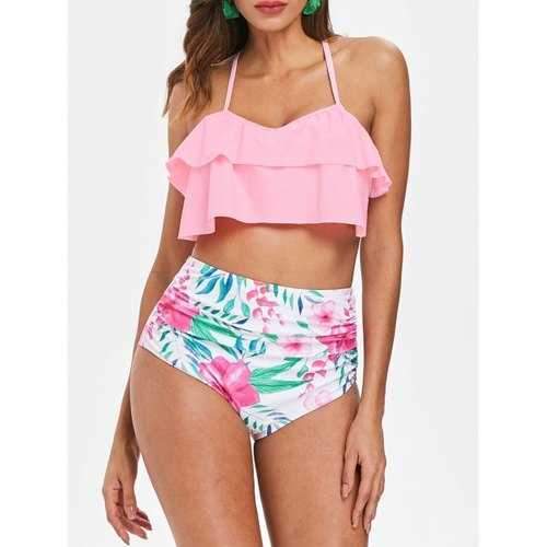 Halter Flounce Flower Bikini Set - Pig Pink M