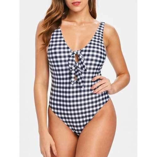 One Piece Open Back Gingham Swimwear - S