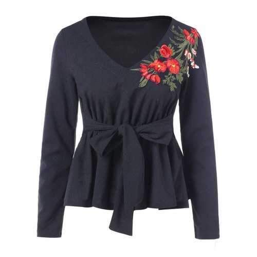 Floral Embroidery Long Sleeve Peplum T-shirt - Black M